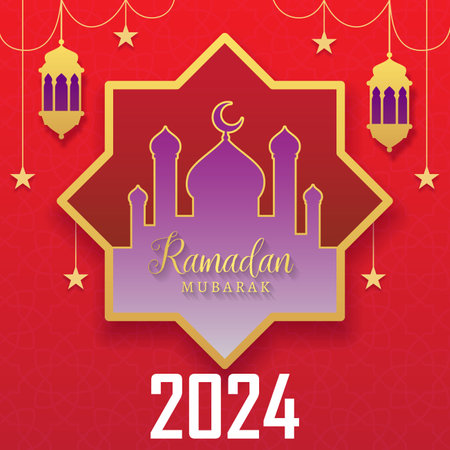 ramadan mubarak 2024 with islamic red background design2のイラスト素材