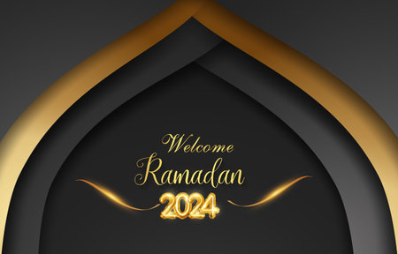 welcome ramadan 2024 with black and golden islamic background designのイラスト素材