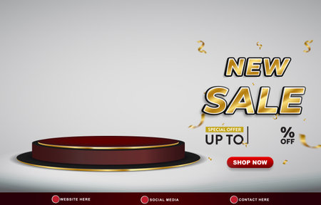 new sale discount template banner with copy space 3d podium for product sale with abstract gradient white and red background designのイラスト素材
