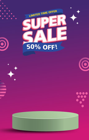 limited super sale discount portait template banner with 3d podium for product sale social media with abstract gradient purple background design1のイラスト素材