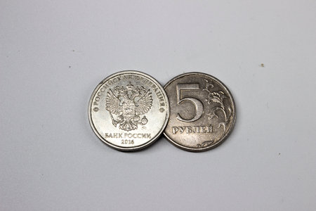 five Russian rubles on a white background close-upの写真素材