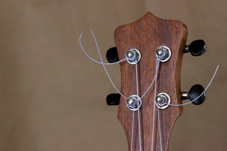Ukulele neck with strings on brown background, close-up