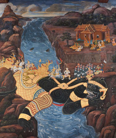 Thai art wall mural in Wat Phra Kaew, Bangkok, Thailandの写真素材