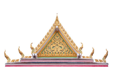 Thai Buddhist temple gable with apex, isolated on white backgroundの写真素材