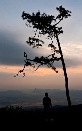 Silhouette view of tourist and beautiful landscape with twilight skyの写真素材