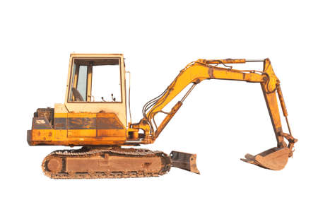 Old compact size excavator machine, isolated on white backgroundの写真素材