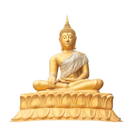 Golden Buddha statue isolated on white backgroundの写真素材