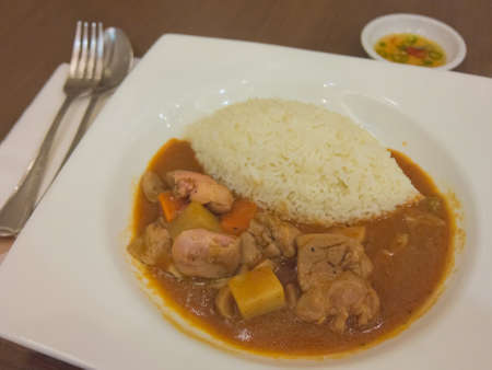 Thai style chicken mussaman (spicy Muslim curry) with riceの写真素材