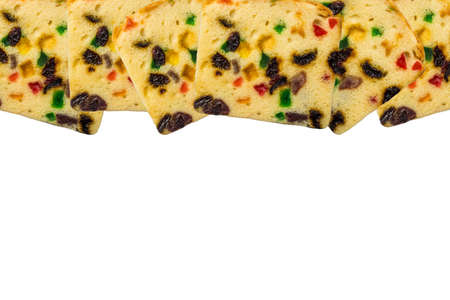 Close up of fruit cake on white backgroundの写真素材