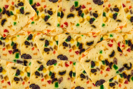 Close up of fruit cake on white backgroundの写真素材