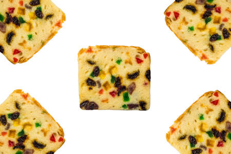 Close up of fruit cake on white background