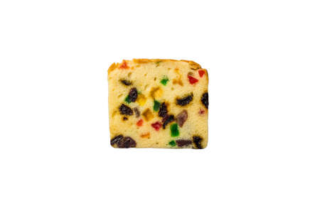 Close up of fruit cake on white background
