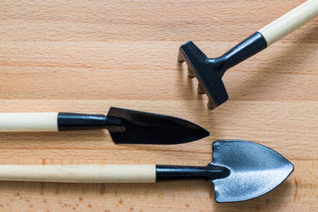 Small gardening shovel and rake on wooden backgroundの写真素材