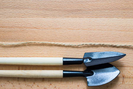 Small gardening shovel on wooden backgroundの写真素材