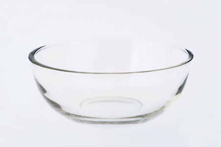 The glass bowl for carry food, ingredient, fruit, dessert and water on white background.の写真素材