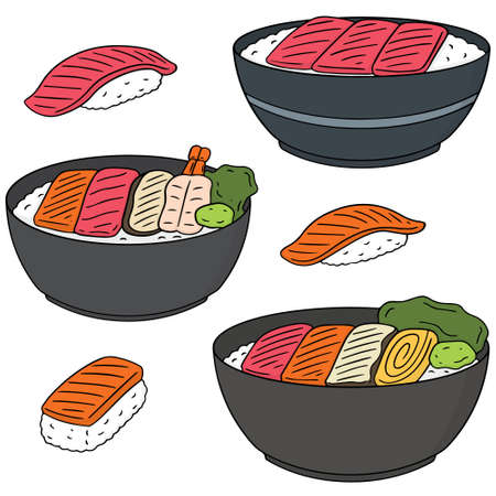 vector set of rice with raw fishのイラスト素材