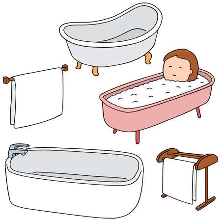 vector set of bathtub, towel and woman bathingのイラスト素材