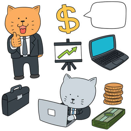 vector set of cat in business suit and business iconのイラスト素材