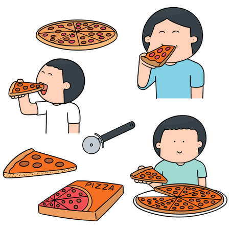 vector set of man eating pizzaのイラスト素材