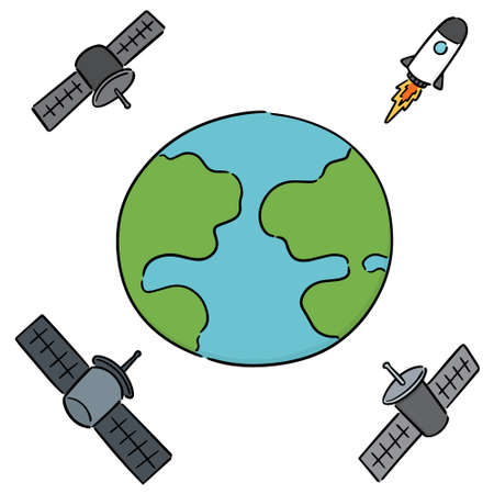 vector set of earth, rocket and satelliteのイラスト素材