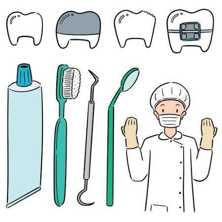vector set of dentist and dental equipmentのイラスト素材