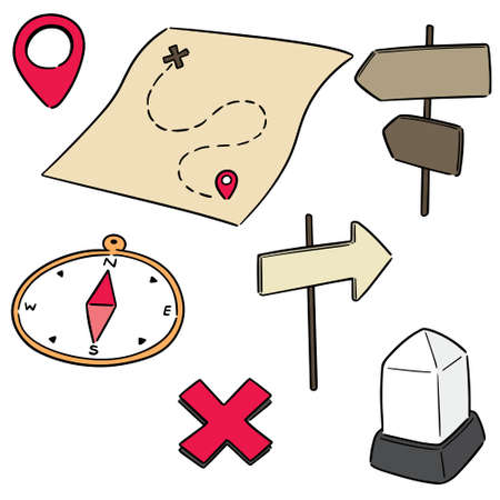 vector set of map, compass, direction post and milestoneのイラスト素材