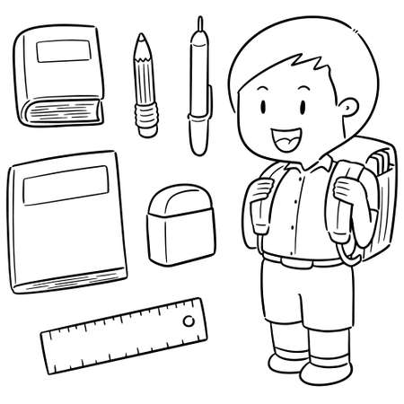 vector set of student and stationeryのイラスト素材
