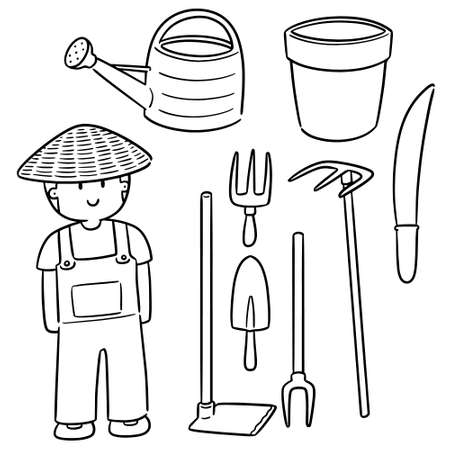 vector set of gardener and gardening equipmentのイラスト素材