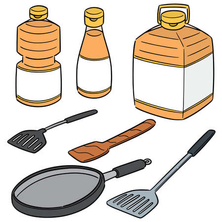 vector set of vegetable oil, pan and flipperのイラスト素材