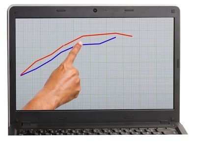 graphs and hand on laptop 