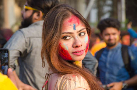 kolkata west bengal india on february 27th 2018 :Rabindra Bharati University Students celebrating Basanta Utsav and Holi ,Color Festival at the Jorasanko Rabindra Bharati University campus.のeditorial素材