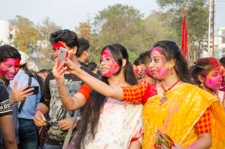 kolkata west bengal india on february 27th 2018 :Rabindra Bharati University Students celebrating Basanta Utsav and Holi ,Color Festival at the Jorasanko Rabindra Bharati University campus.のeditorial素材