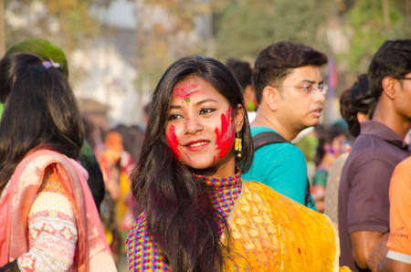 kolkata west bengal india on february 27th 2018 :Rabindra Bharati University Students celebrating Basanta Utsav and Holi ,Color Festival at the Jorasanko Rabindra Bharati University campus.のeditorial素材