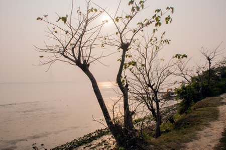 diamond harbour west bengal india on 13th december 2020:Picture of the winter afternoon at Diamond Harbor. Leaving the horizon, the sun is setting with its golden glow on the banks of the Ganges.の写真素材