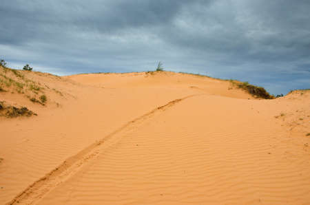 The big sand dune and dark cloudy sky.の写真素材