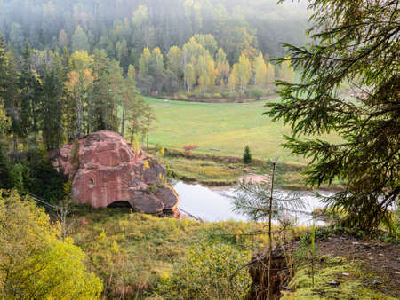 Sandstone outcrops. A view from the Zvartes Rock over the river Amata.の写真素材