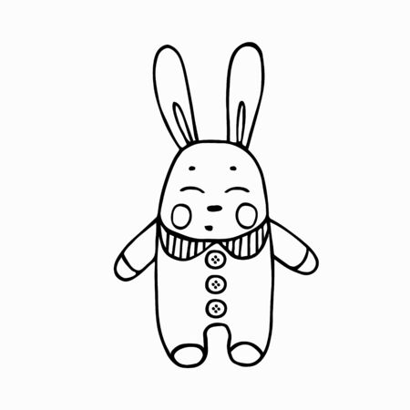 Silhouette of a soft children's toy - Bunny. In the style of Doodle, a black line sketch. Funny childish drawing. Hand drawn vector illustration.のイラスト素材