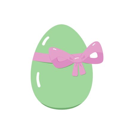 Vector illustration. Green Easter egg with a pink bow. For greeting cards, festive decoration. In a simple, childish style.のイラスト素材