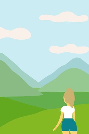 Vector illustration. Simple landscape with mountains.Cute, childish, simplified image. Girl and mountains. For children's messages, ads.のイラスト素材