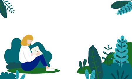 Girl with a book , Notepad and pencil in nature, vector illustration. A woman likes to spend time in the forest, among the greenery. Summer holidays, healthy outdoor recreation, creative young girl.のイラスト素材