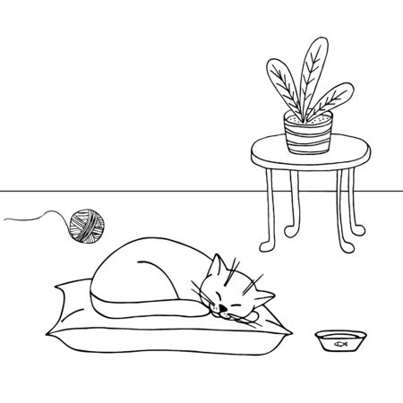 Hand drawn vector illustration. Cute cat sleeping, room, flower, on a white background, coloring book for children. Simple form, sketch, Doodle.のイラスト素材