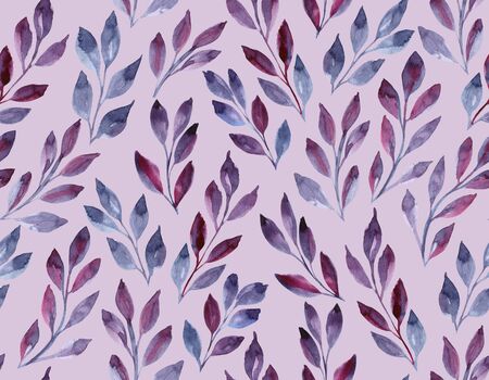 Watercolor illustration. Seamless pattern with gray, purple twigs on a pink background. For textiles, design, poster, cover.の写真素材