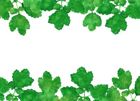 Watercolor illustration with simple green twigs. On a white background, isolated, with stains, children's drawing, frame, space for text.の写真素材