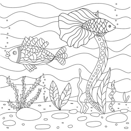 Vector illustration with algae and fish, sea floor. Cute square page coloring book for small children. Simple funny kid's drawing. Black lines, sketch on a white background.のイラスト素材