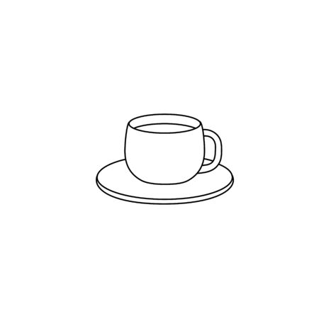 Vector illustration with a simple mug. Cup and saucer silhouette, black lines on white, sketch, Doodle.のイラスト素材