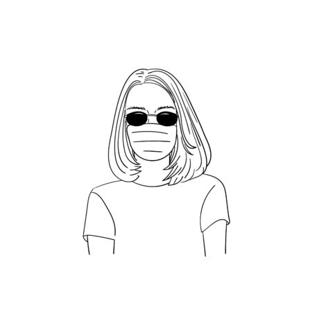 Vector illustration. A girl in sunglasses and a medical mask. Sketch, black lines on a white background. Simple drawing.のイラスト素材