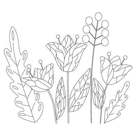Vector illustration with abstract flowers and leaves. Cute childrens coloring book, square page. Black lines on white, sketch, Doodle.のイラスト素材