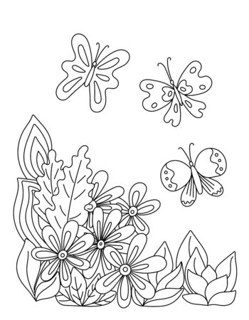 Childrens coloring book with flowers and butterflies of simple shape. Cute primitive drawing for small kids. Vector illustration.のイラスト素材