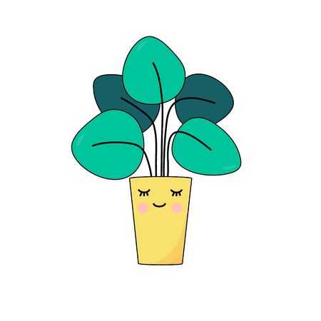 Funny kawaii flower, houseplant with a face. Childish, cute, bright flat vector illustration.のイラスト素材