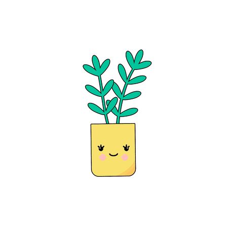 Funny kawaii flower, houseplant with a face. Childish, cute, bright flat vector illustration.のイラスト素材